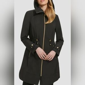 Cole Haan Signature Black Travel Trench Hooded Rain Jacket XL Gold Hardware